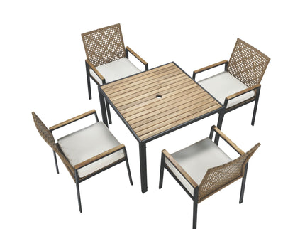 5 Piece Patio Dining Table Set, Acacia Wood Table Top With Umbrella Hole
