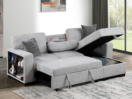 Buzz - Reversible Sleeper Sectional Sofa With Storage Chaise, Console Arm, USB Charging & Cup Holders - Gray