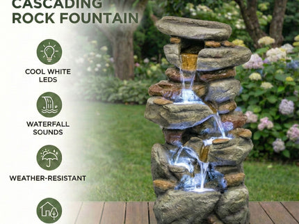 Stacked Rock Waterfall Fountain With LED Lights For Garden - Gray