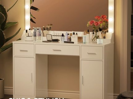 Vanity Desk With Large Mirror, 3 Colour Lighting Modes, Adjustable Brightness, Dresser With 3 Drawers & 2 Vertical Cabinets, Makeup Vanity Table For Women & Girls