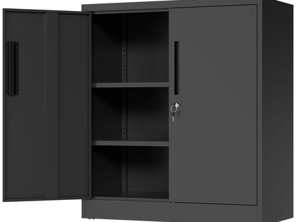 Heavy Duty Storage Cabinet With Lock, 2 Door File Cabinet With 2 Adjustable Shelves - Black