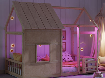 House Floor Bed With 7 Color LED Light, Built In Bookshelf