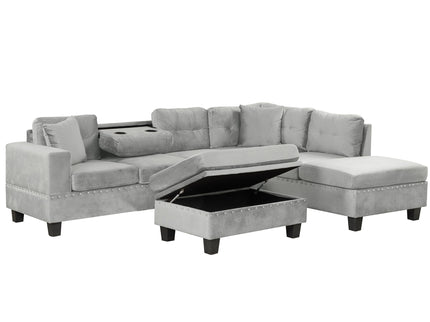 Modern Sectional Sofa With Storage Ottoman, L - Shape Couch With 2 Pillows And Cup Holders