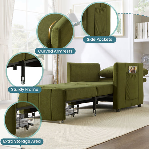 Upholstered Convertible Sleeper Sofa With 5 Position Backrest, Side Pockets, Storage