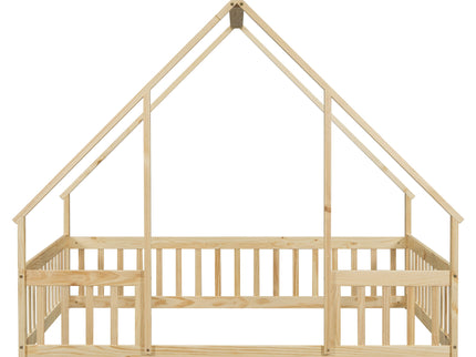 Wood House-Shaped Floor Bed With Fence, Guardrails