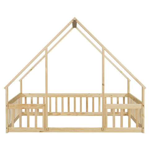 Wood House-Shaped Floor Bed With Fence, Guardrails