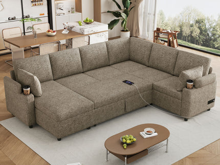 U-Shaped Sectional Sofa Bed With Storage, Charging Ports, And Cup Holders - Brown