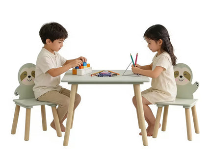 Sloth Themed Table And Chair Set With 2 Cute Animal Chairs - Natural Wood / Sage Green