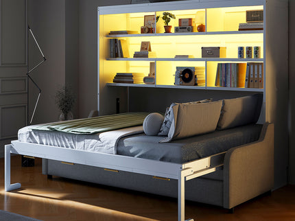 Murphy Cabinet Bed With Folding Sofa, Built In Storage Shelves And LED Light