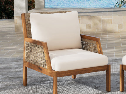 Acacia Wood Patio Furniture Club Chair, Outdoor Wicker Armchair, Deep Seating With Soft Cushions For Porch - Teak / Mix Brown
