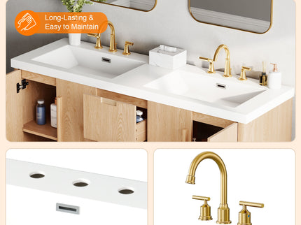 Double Sink Bathroom Vanity With Sinks, Soft Close Doors & 3 Drawers - Wood