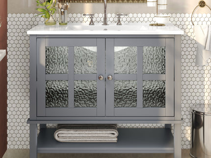 Bathroom Vanity With Ceramic Sink, Adjustable & Open Shelf