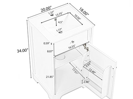 20" Bathroom Vanity With Sink, Soft Closing Cabinet Door, Adjustable Shelf & Storage Rack - White