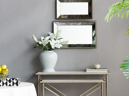 Antique Rectangle Mirror With Floral Accents, Mirrored Display Tray, Hanging Wall Mirror