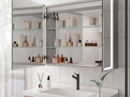 36" X 30" Medicine Cabinet With LED Vanity Mirror, Anti-Fog Recessed Or Surface Mount Bathroom Double Door Large Storage 3000K~6000K Bright Lighted Aluminum Storage Cabinet With Touch Switch - Silver