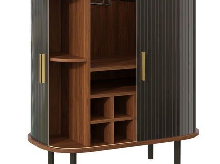 Fluted Wine Bar Cabinet With 8 Grid Wine Rack, 5 Level Adjustable Shelves, 2 Glass Holders