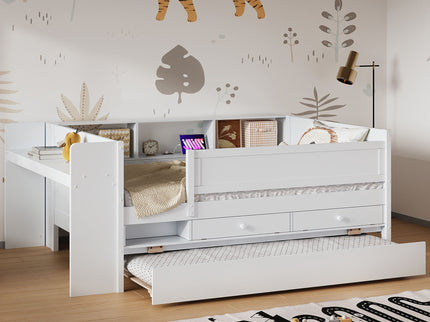 Twin Daybed With Drawers, Trundle, Headboard Storage, Study Desk, And USB Charging Station - White