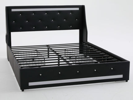 Wingback Upholstered Bed Frame With LED Lights, Charging Station