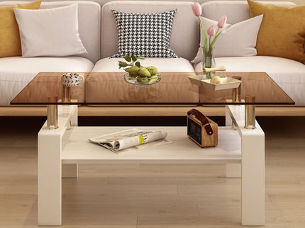 Modern Rectangular Coffee Table With Tempered Transparent Glass Top And Storage Shelf
