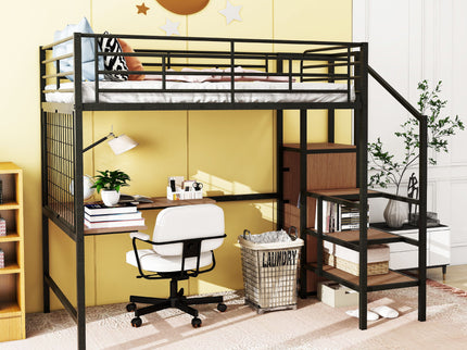 Loft Bed With Desk And Grid, Stylish Frame With Lateral Storage Ladder And Wardrobe