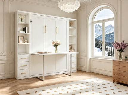 Queen Size Murphy Wall Bed With Side Storage Cabinets - White