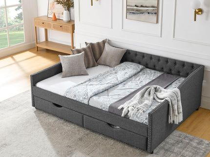 Upholstered Tufted Daybed With 2 Drawers, Waved Arms