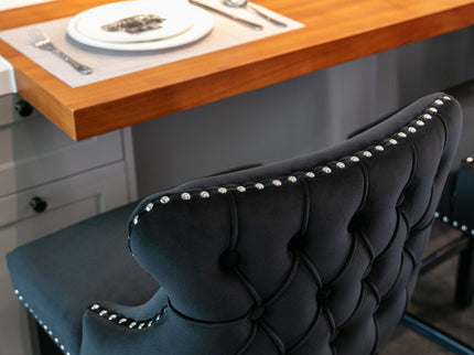 Contemporary Upholstered Wing-Back Barstools With Button Tufted Decoration And Wooden Legs, And Nailhead Trim, Leisure Style Bar Chairs, Bar Stools (Set of 2)