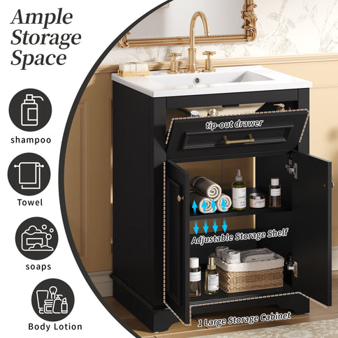 Bathroom Vanity With Integrated Sink, 2 Door Cabinet With Tip Out Drawer, Rectangular Design