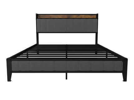 Bed With Charging Station, American Design Upholstered Headboard, Metal Platform