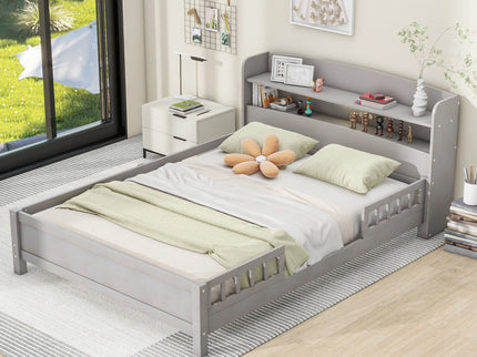Wood Platform Bed With Built In LED Light, Storage Headboard And Guardrail