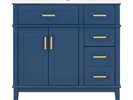 Bathroom Vanity With Ceramic Sink, Soft-Close Doors, 4 Storage Drawers - Blue