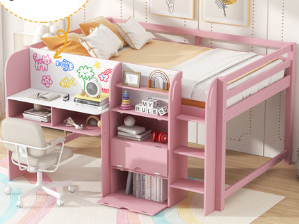 Low Loft Bed With Built In Desk, Storage Cabinets, Open Bookcase And Doodle board