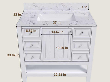 37" Bathroom Vanity, Multi Functional Cabinet With Doors And Drawers, Frame, Single Faucet Hole - White