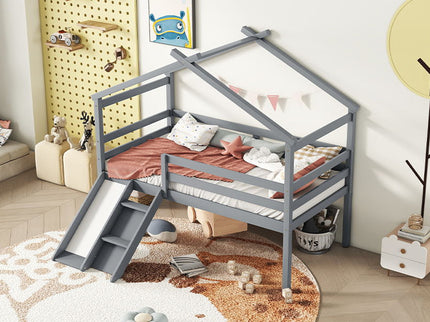 Low Loft House Bed With Slide, Ladder, Safety Guardrails, House Roof Frame