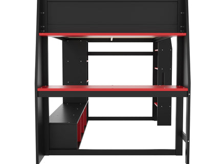 Gaming Loft Bed With Desk, Multi Storage Shelves, LED Lighting, And Hanging Clothes Rack