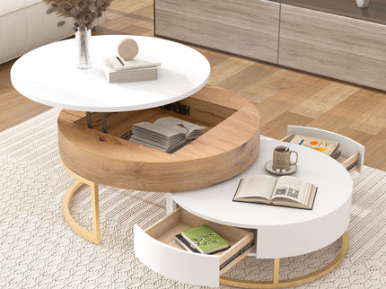 Modern Round Lift-Top Nesting Coffee Tables With 2 Drawers