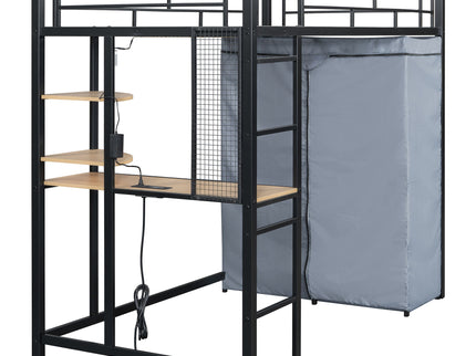 Loft Bed With Desk, Shelves, Power Outlet, LED Light And Wardrobe