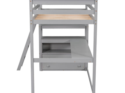 Modern Loft Bed With Built In Desk, Shelves, And 2 Drawers