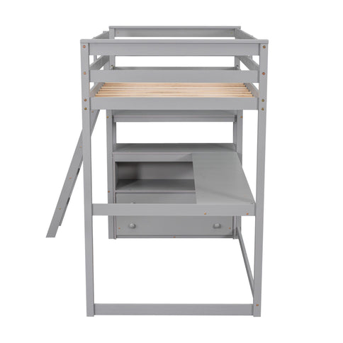 Modern Loft Bed With Built In Desk, Shelves, And 2 Drawers