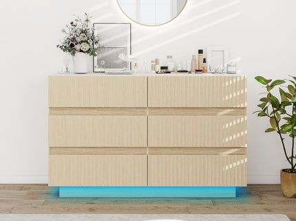 Fluted 6 Drawers Dresser, Double Dresser Chest Of Drawers, Modern Chest Of Drawers With LED, Drawer Organizer For Bedroom, Living Room, Hallway - Natural