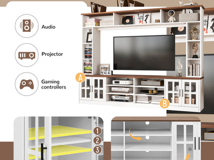 Wall Unit Entertainment Center With Bookshelves For TVs Up To 80", Tempered Glass Doors And Adjustable Shelves