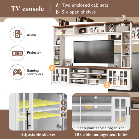 Wall Unit Entertainment Center With Bookshelves For TVs Up To 80", Tempered Glass Doors And Adjustable Shelves