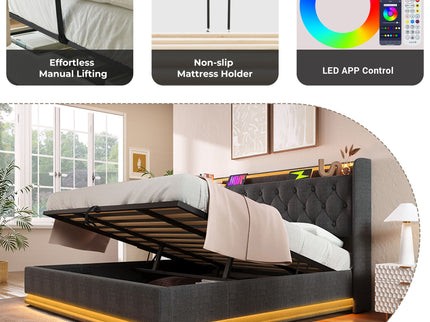 Upholstered Bed, 360 Surround LED Function, Remote Control, Hydraulic Storage Bed With USB, Type-C Charging (Without Mattress)