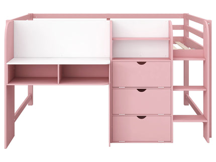 Low Loft Bed With Built In Desk, Storage Cabinets, Open Bookcase And Doodle board