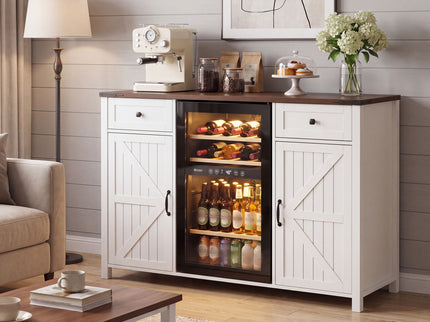 Coffee Bar With Mini Fridge Space & Built In Charging Station, Large Bar Cabinet With Drawers & Adjustable Shelves For Kitchen - White