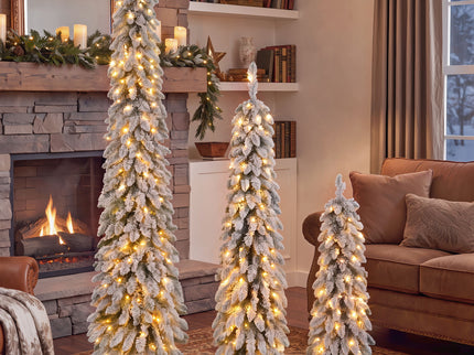 Slim Snow Flocked Pre Lit Pencil Christmas Tree, 3.9Ft / 5.9Ft / 7.9Ft With 750 Branch Tips, 480 LED Lights, Warm Glow, For Indoor Holiday Decor - White