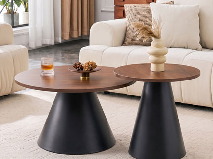 Nesting Coffee Table, Adjustable Foot Pads For Living Room (Set of 2) - Walnut / Black