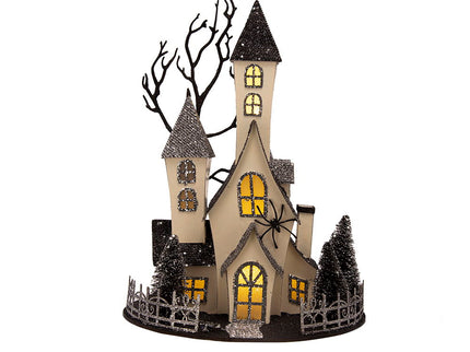 Cardboard Lighted Haunted House, Tabletop Holiday Halloween Decor, Battery Powered - Beige / Black