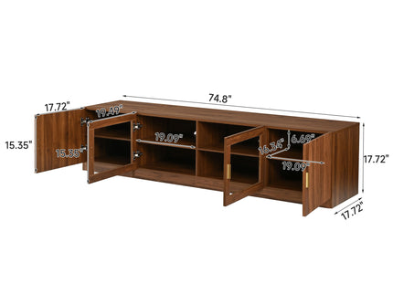 TV Stand, Media Console With Glass Doors And LED Lights, Adjustable Shelf Storage - Walnut