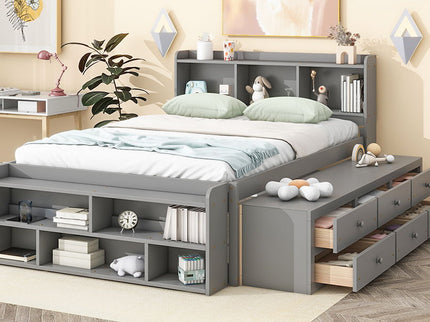 Bed With Bookcase Headboard, Under Bed Storage Drawers And Bed End Storage Case